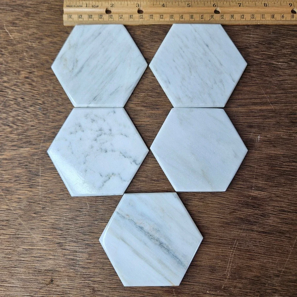 White Marble Hexagon Coasters Set of 5 Matching Caddy Holder Veined Gray Vtg